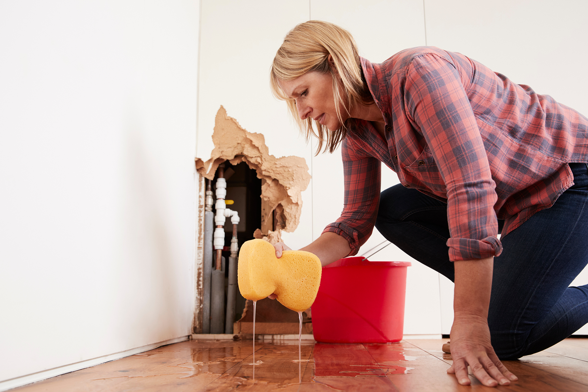 Industrial air movers and dehumidifiers drying a flooded room